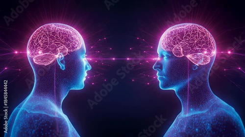 Two glowing human heads facing each other with vibrant pink blue brain neural networks connected by energy lines