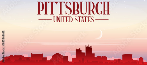 Red panoramic poster of the city skyline with misty background buildings, sunrise, moon and clouds of PITTSBURGH, UNITED STATES