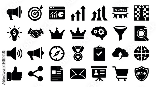 Set of black glyph icons for business and digital marketing concepts like strategy, analytics, promotion, sales funnel, and branding arranged in a clean grid