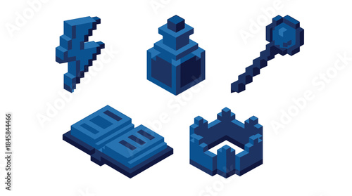 Set of blue isometric pixelated icons featuring a lightning bolt, potion, scepter, spellbook, and crown for a fantasy video game concept