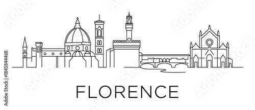 Minimalist black line art of a famous Italian city skyline with its iconic cathedral dome, bell tower, and historic bridge, representing European travel and architecture