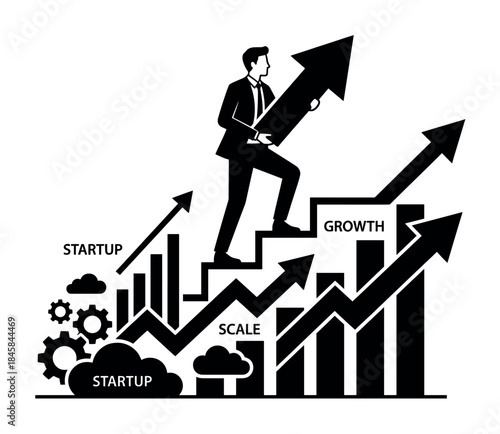 Businessman silhouette carrying an upward arrow climbs a bar chart staircase representing the business stages of startup, scale, and growth in a conceptual vector illustration