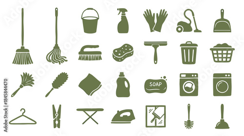 Green household cleaning and laundry tool icons showing various equipment for domestic chores in a simple silhouette vector illustration style