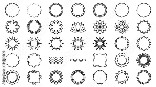 Large collection of black outline decorative frames, badges, and shapes in a minimalist linear style, including starbursts, floral elements, and scalloped circles for design