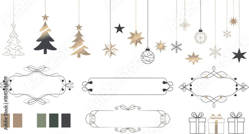 Elegant collection of hanging holiday ornaments decorative frames and gift box icons featuring a sophisticated gold and dark green color palette