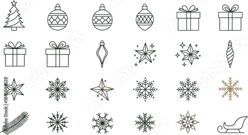 Collection of minimalist line art icons featuring various festive holiday elements like Christmas trees ornaments gifts snowflakes stars and a sleigh