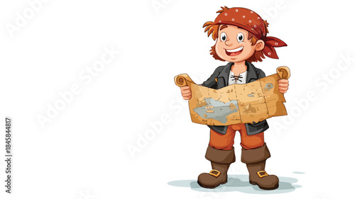 Cute Pirate Adventurer with Treasure Map Cartoon Vector Illustration