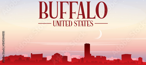 Red panoramic poster of the city skyline with misty background buildings, sunrise, moon and clouds of BUFFALO, UNITED STATES