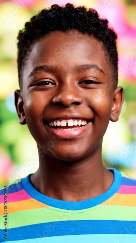 Young Boy Smiling Brightly Wearing Colorful Striped Shirt