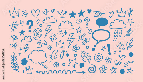 Hand drawn playful doodle icon set with cute symbols, clouds, stars, speech bubbles and decorative elements