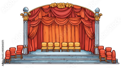 Vibrant Cartoon Stage with Curtains and Seats Vector Illustration
