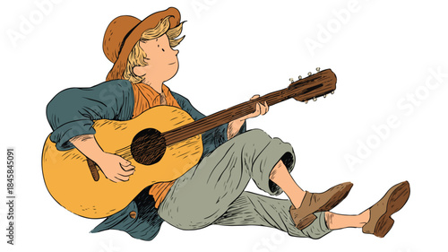 Charming Cartoon Musician Strumming Guitar - Vector Illustration
