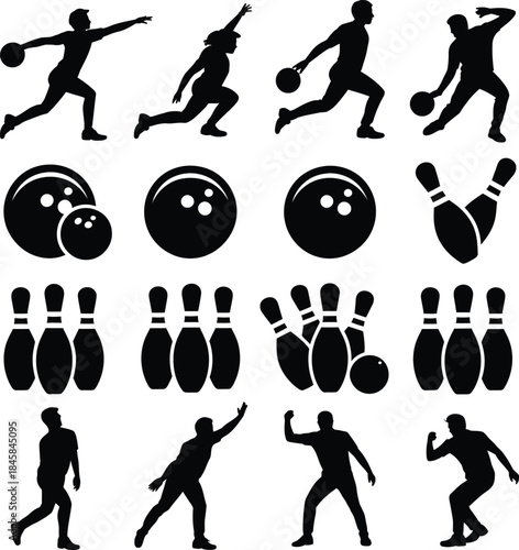 Bowling silhouettes and icons set