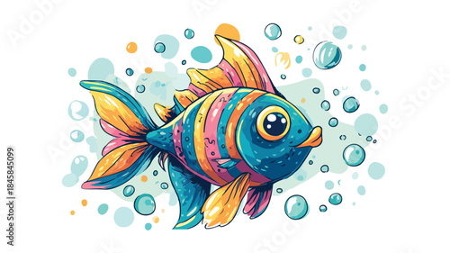 Colorful Cartoon Rainbow Fish and Bubbles Vector Illustration