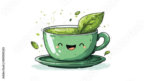 Elegant Green Tea Cup Vector Illustration with Leaf for Design Projects