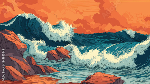 Serene Seascape with Waves Crashing on Shore - Vector Illustration