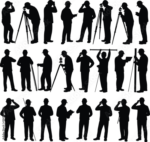 Surveyor and construction engineer silhouette set