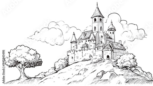 Enchanted Fairytale Castle on a Hilltop Vector Illustration