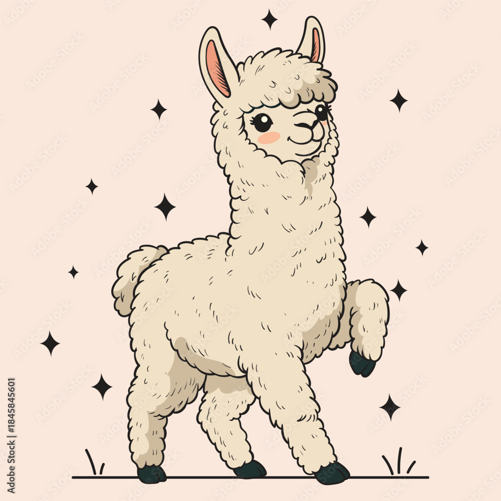 Obraz premium Adorable Fluffy Llama with Sparkles Vector Art