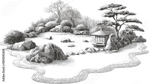 Serene Zen Rock Garden: Tranquil Retreat Vector Illustration