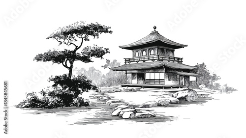 Tranquil Japanese Zen Temple Garden Vector Illustration