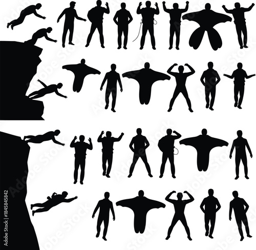 Wingsuit flying and skydiving silhouettes collection