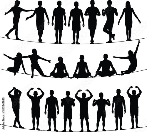 People balancing on tightrope silhouettes vector collection