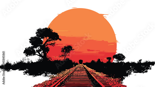 Sunset Railway Line Vector Outline Isolated White Background