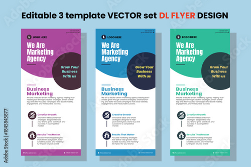 Editable DL Flyer Design Template Set for Marketing Agency, Modern Corporate Business Vector Layout.