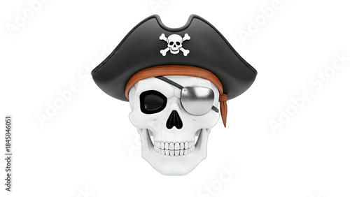 Pirate Skull with Eye Patch and Hat on White Background
