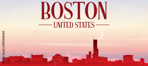 Red panoramic poster of the city skyline with misty background buildings, sunrise, moon and clouds of BOSTON, UNITED STATES