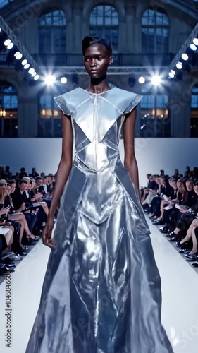 Model Presenting Futuristic Dress on Runway During Fashion Show