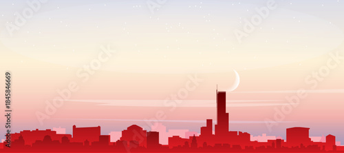 Red panoramic poster of the city skyline with misty background buildings, sunrise, moon and clouds of BOSTON, UNITED STATES