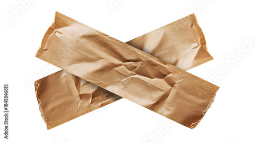 Two pieces of sticky crumpled brown kraft paper tape isolated on transparent background