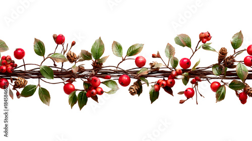 Festive Christmas garland of interwoven branches and red berries isolated on transparent background