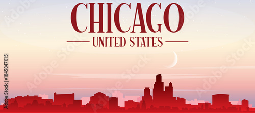 Red panoramic poster of the city skyline with misty background buildings, sunrise, moon and clouds of CHICAGO, UNITED STATES