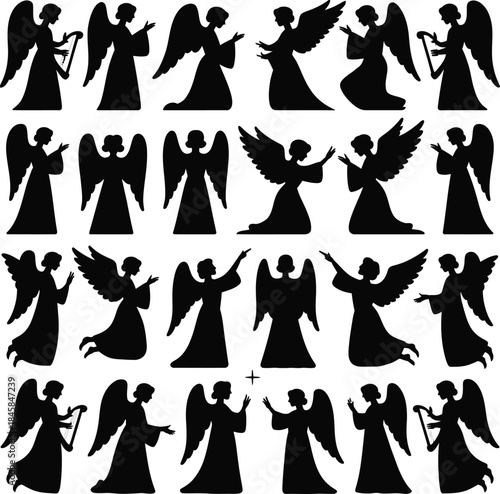 Black and white angel silhouette collection pattern