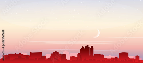 Red panoramic poster of the city skyline with misty background buildings, sunrise, moon and clouds of NEW YORK, UNITED STATES