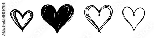 Hand drawn heart illustrations in black and red with minimal sketch style isolated on white background expressing love romance and emotion