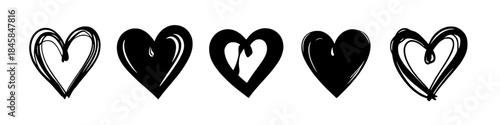 hand drawn black heart shapes set brush style love symbols vector illustration