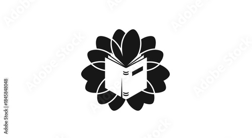 Open Book Surrounded by Floral Design in Black and White.