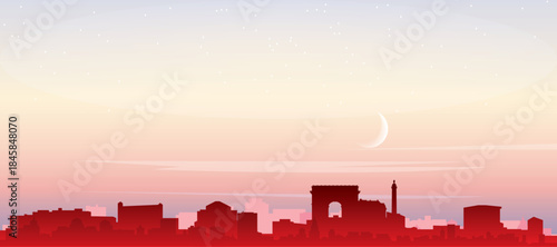 Red panoramic poster of the city skyline with misty background buildings, sunrise, moon and clouds of PARIS, FRANCE