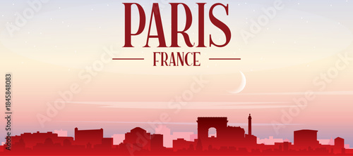 Red panoramic poster of the city skyline with misty background buildings, sunrise, moon and clouds of PARIS, FRANCE