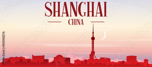 Red panoramic poster of the city skyline with misty background buildings, sunrise, moon and clouds of SHANGHAI, CHINA