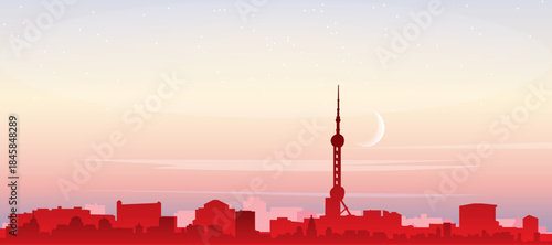 Red panoramic poster of the city skyline with misty background buildings, sunrise, moon and clouds of SHANGHAI, CHINA
