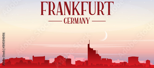 Red panoramic poster of the city skyline with misty background buildings, sunrise, moon and clouds of FRANKFURT, GERMANY