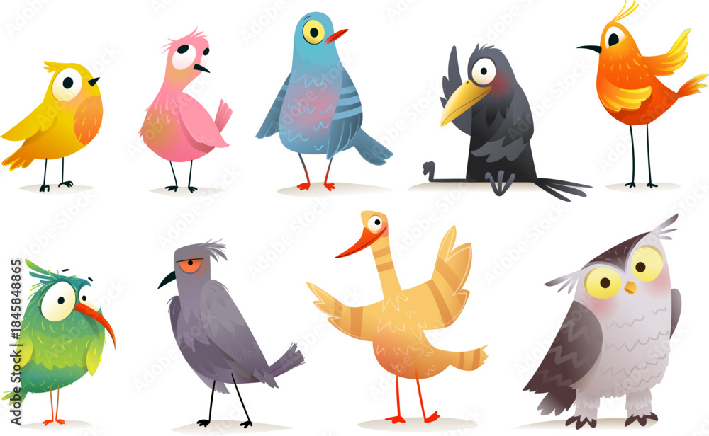 Fototapeta premium Colorful and funny cartoon birds collection for children. Different birds characters as owl, pigeon, hummingbird and other exotic species. Whimsical and fun, vector clipart cartoon birds for kids.