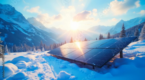 Solar panels stand on a frosty winter day with rays of sunshine in the forested mountains.