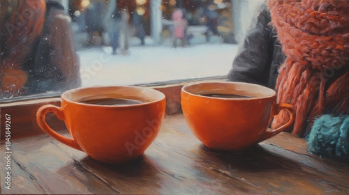 two orange coffee cups sit on a table while friends chat in a cozy winter setting