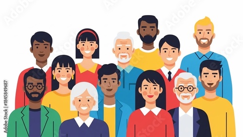 Community United: A vibrant mosaic of diverse individuals stands united, symbolizing harmony, inclusion, and the beauty of human connection.